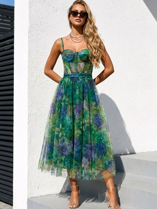 miss proto 1986 Dresses & Skirts - Green Floral Mesh Corset Midi Dress